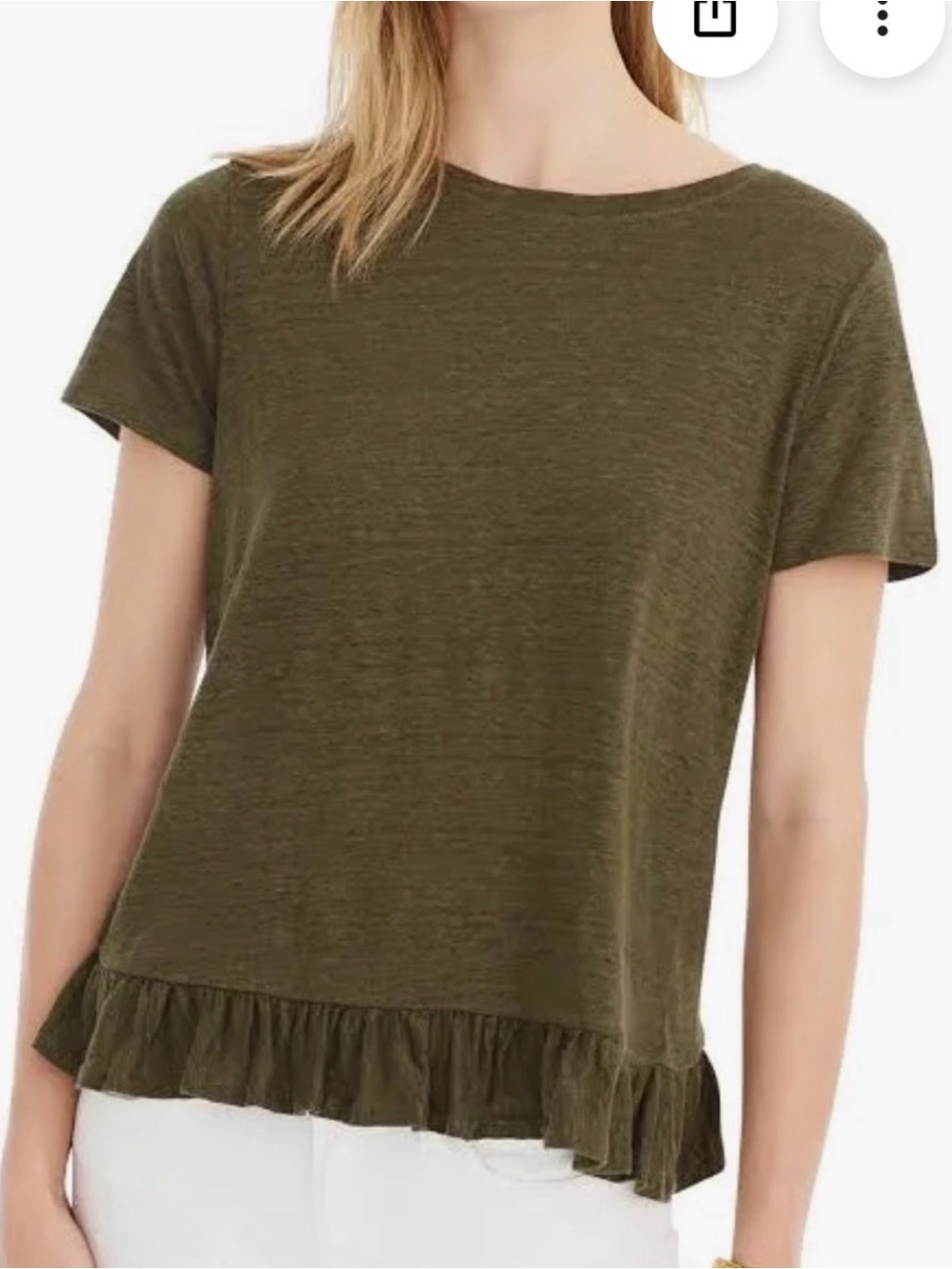 J. Crew 100% Linen Ruffle-Hem Tee in Olive Green Size S